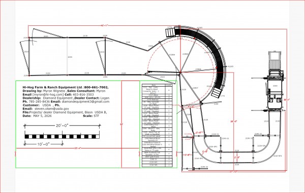 Engineering plan drawing of a custom Hi-Hog Bison Handling System designed to fit a customer's available space. The layout features a curved crowding tub, working alley, control box and Manual Bison Squeeze Chute, illustrating efficient animal flow and safe livestock handling principles.