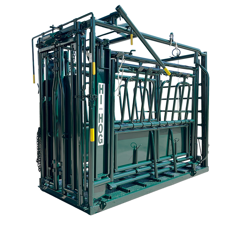 Squeeze Chute with Self Catching Headgate ensures safety and precision during cattle handling Hi-Hog Manual Squeeze Chute with Self Catching Headgate, designed to minimize stress on cattle during procedures.