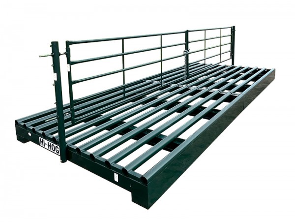 Engineered cattle guard texas gates provide heavy duty lease site protection with green finish manufactured by Hi-Hog oilfield equipment.