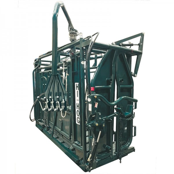 Heavy duty hydraulic squeeze chute manufactured from steel featuring a hydraulic operated head holder from Hi-Hog Farm and Ranch Equipment. The outstanding brand.