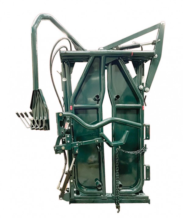 Hydraulic head restraint for cattle by Hi-Hog Farm and Ranch Equipment. The Outstanding Brand