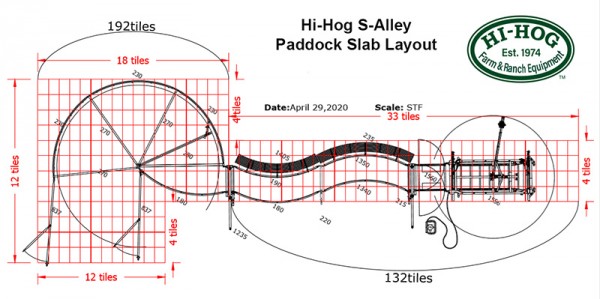 Comfortable footing allows livestock to move naturally Plan drawing of a cattle handling system with an added layout for Paddock Slab ground re-inforcement tile by Hi-Hog Ranch Equipment.
