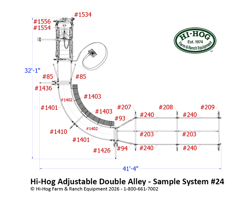 A plan view of a doubl alley cattle handling system, by Hi-Hog. Hi-Hog Logo