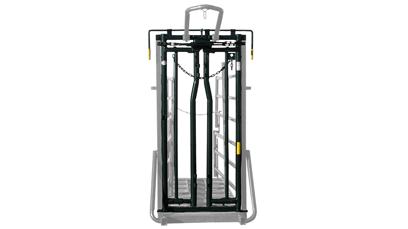 Hi-Hog's self-catch calving head gate mounted on a calving/trimming chute