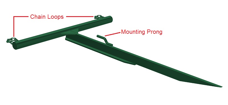Bale spear mounts on the bucket of a tractor easily using a chain and chain binder Hi-Hog Bucket Mount Bale Spear