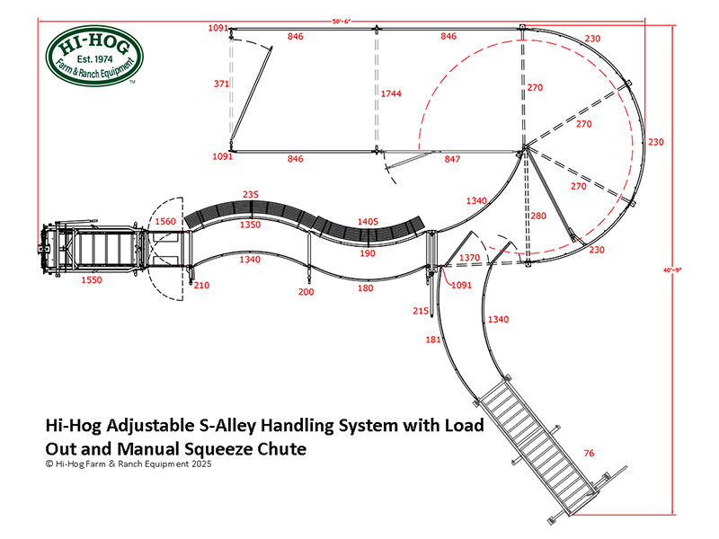 Give us a call 1-800-661-7002 and start designing your cattle handling system A Plan Drawing of a Hi-Hog custom designed Cattle Handling System, Cattle Squeeze Chute, Portable Loading Chute, Adjustable S-Alley, Crowding Tub.
