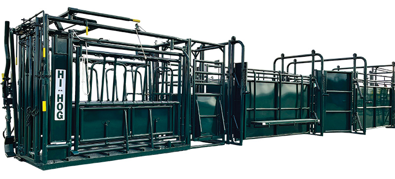 A double alley can speed up the time it takes to fill the cattle working alley. Hi-Hog offers the components to create an adjustable or a non-adjustable double alley A cattle handling system designed to reduce animal stress and speed up the cattle handling process.