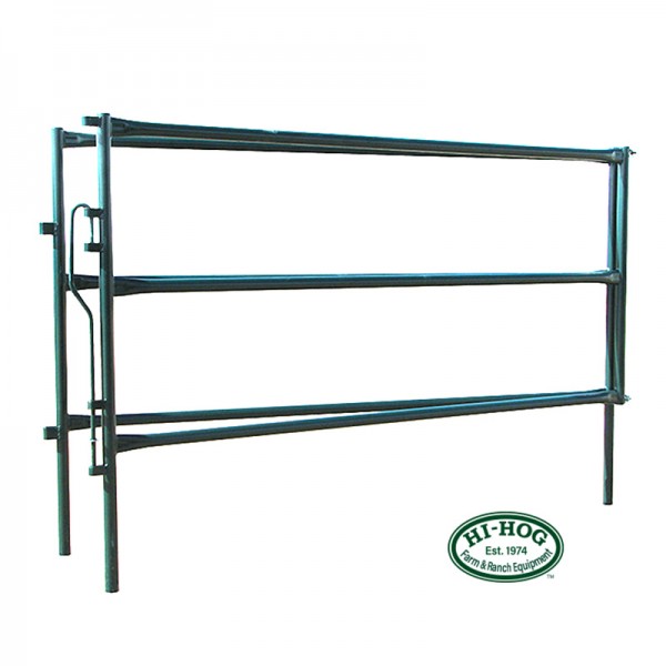 Each folded panel has 3 legs a latch and connectors Hi-Hog portable horse corral folding panel with integrated latch pin