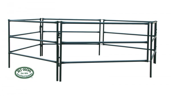 BUILT FROM HI-TENSILE STEEL TUBING Portable horse corral panels arranged in an expandable pen layout