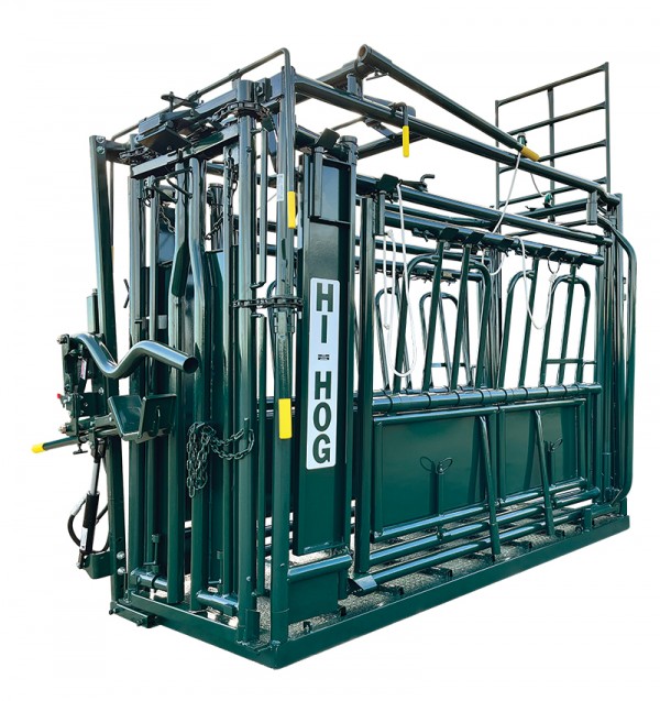 Compare the pound of steel per dollar and the re-sale value of a used Hi-Hog Squeeze. A Hi-Hog Cattle Squeeze Chute used to safely secure cattle for veterinarian procedures.