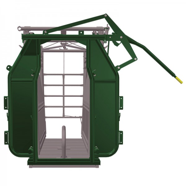 The #107 Manual Squeeze Chute mounted on a Manual PA Squeeze Chute Body A headgate for capturing cattle