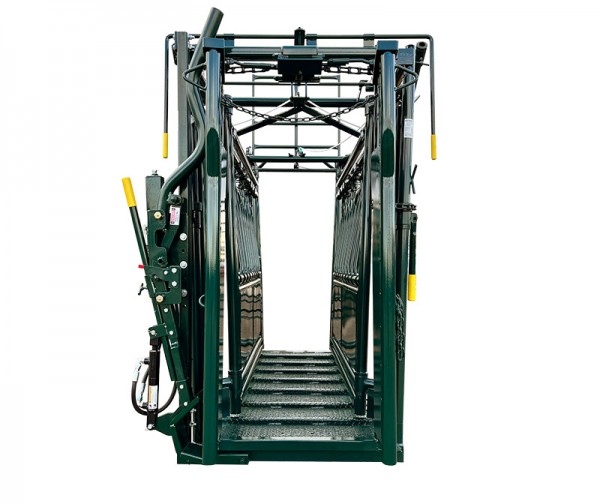 The Head Holder and Headgate fold back allowing un-obstructed passage through the Squeeze Chute. A cattle squeeze chute for the safe handling of cattle in veterinary care